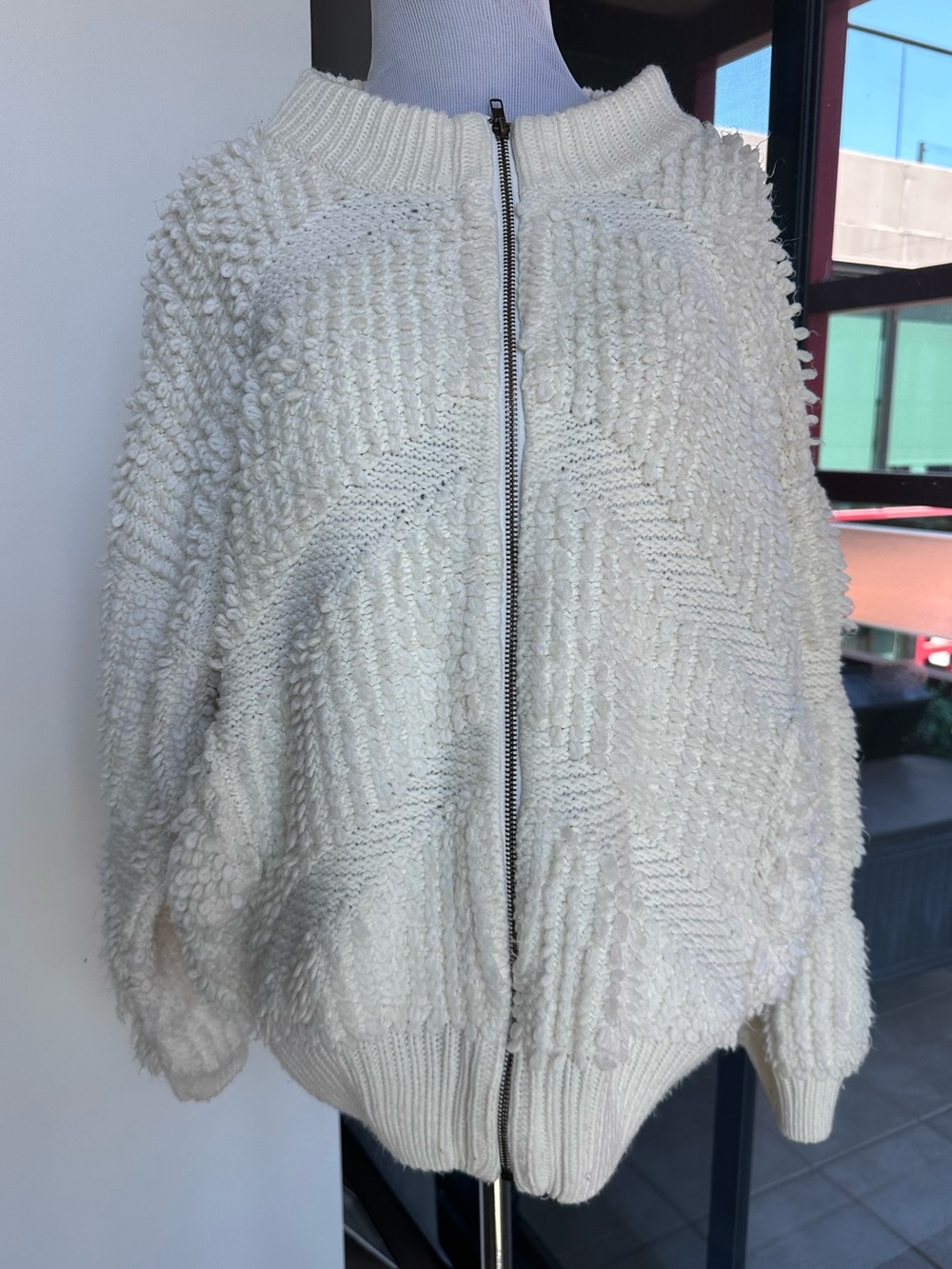 POL Cream Zip-Front Textured Women's Sweater
